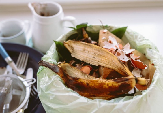 Sorting food waste at home. Distribution of food leftovers in bin with bio-garbage. Leftover food in trash can in kitchen